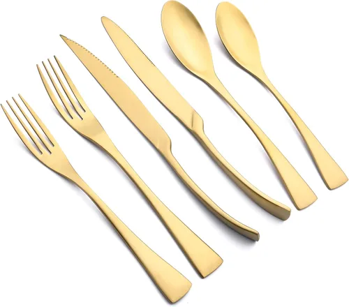 Vista 11 de Juego de cubiertos de plata mate con cuchillo para carne, 24 piezas de cubiertos pesados de acero inoxidable 18/10, juego de utensilios generosos