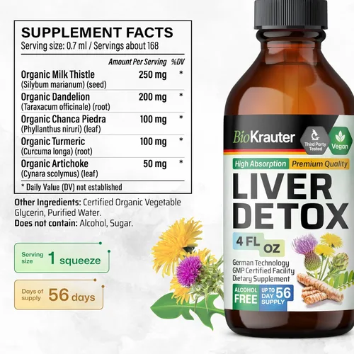 Vista 3 de BIO KRAUTER® Liver Cleanse Detox - Soporte hepático líquido vegano con cardo mariano, chanca piedra, cúrcuma, raíz de diente de león y alcachofa 700