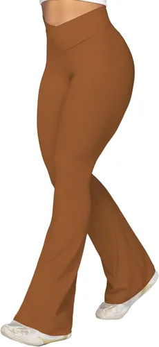 Vista 4 de Sunzel Leggings acampanados, pantalones de yoga cruzados con control de abdomen, cintura alta y pierna ancha, sin costuras frontales