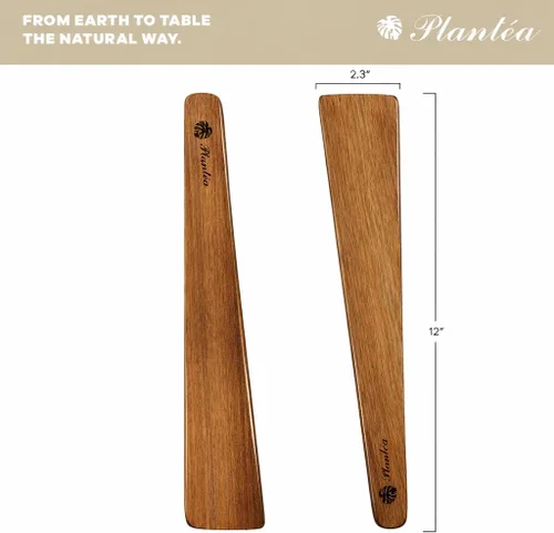 Vista 5 de Juego de 2 espátulas de madera para cocinar, 12 pulgadas, espátula plana de madera de acacia y aleta para hierro fundido, huevos, panqueques