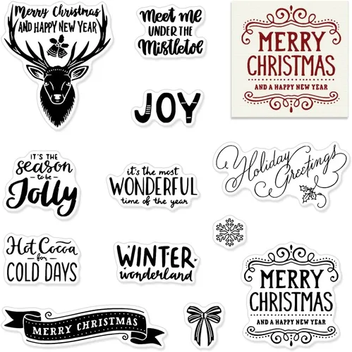 Vista 7 de Sellos transparentes con palabras de Feliz Navidad para hacer tarjetas y llevar diario, sellos de goma con palabras de Feliz Año Nuevo, sellos