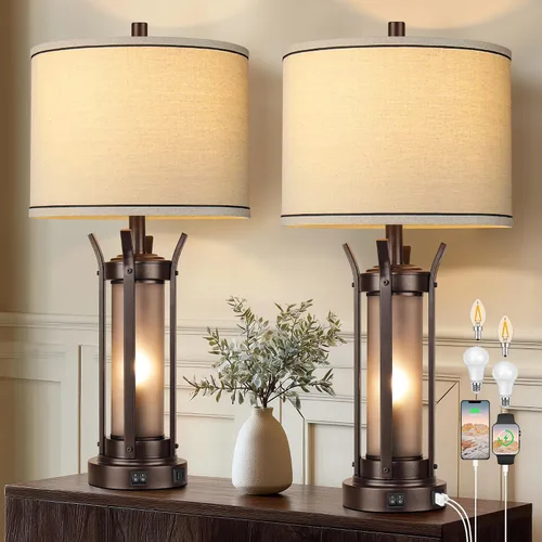 Vista 9 de QiMH - Lámparas de mesa de 26 pulgadas para sala de estar, rústicas, color bronce USB A+C Charging Ports, 4 Bulbs Included, Farmhouse Nightstand