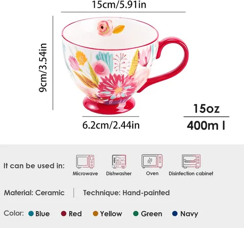 Vista 7 de Taza de Café de Cerámica Grande Hecha a Mano de Otoño (600ml) Linda Taza Vintage de Cereales con Flores para Otoño Taza Acogedora para Regalo