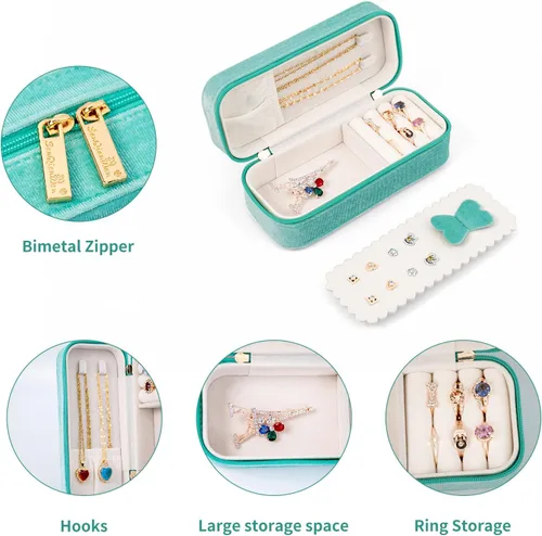 Vista 3 de SANQIANWAN Joyero de viaje de terciopelo de felpa para mujer, organizador de lujo y esponjoso, portátil, pequeño, mini rejilla, joyero para aretes