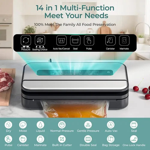 Vista 2 de Sellador al vacío, máquina selladora al vacío de alimentos de 90 Kpa, cortador integrado y almacenamiento de bolsas, conservación de alimentos