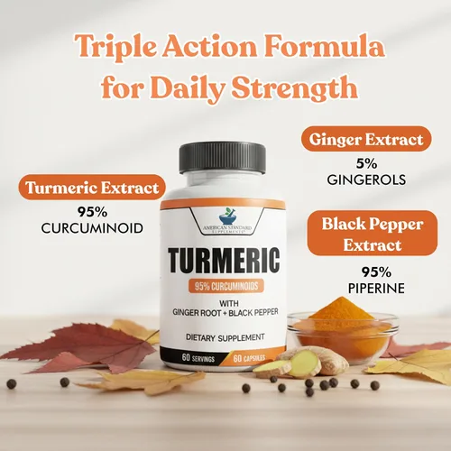 Vista 3 de American Standard Supplements Extracto de cúrcuma – Curcumina 95% con extracto de raíz de jengibre y extracto de pimienta negra – 60 cápsulas