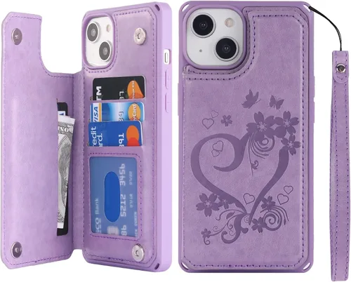 Vista 13 de iCoverCase Funda compatible con iPhone 14 Plus con tarjetero para mujer, bloqueo RFID en relieve, piel sintética con correa de muñeca de 6.7
