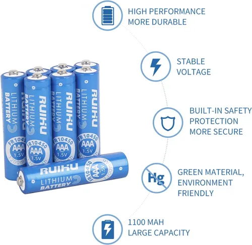 Vista 6 de Pilas de litio AAA, paquete de 8 baterías triple A de hierro de litio, baterías de litio AAA de 1.5 V 1200 mAh de larga duración para linterna
