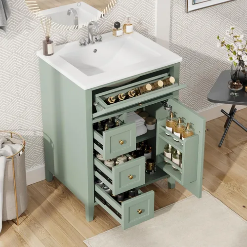 Vista 16 de Harper & Bright Designs Tocador de baño de 24 pulgadas con lavabo, juego de tocador independiente con 4 cajones, estantes de almacenamiento y Negro