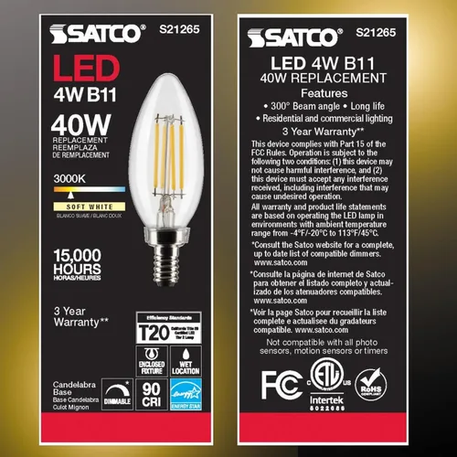 Vista 2 de Satco S21265 - Bombilla LED B11 de 4 W, 3000 K (2 bombillas)