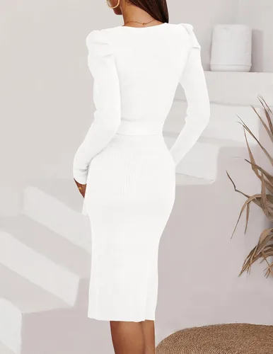 Vista 3 de ZESICA Women's 2024 Long Sleeve Sweater Dress Ribbed Knit Crew Neck Tie Waist Bodycon Slit Midi Dresses
