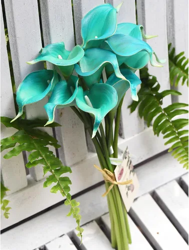 Vista 5 de FiveSeasonStuff Real Touch - Ramo de flores artificiales de lirio de cala para novia, arreglos florales, 15 lirios de cala (azul cerúleo)