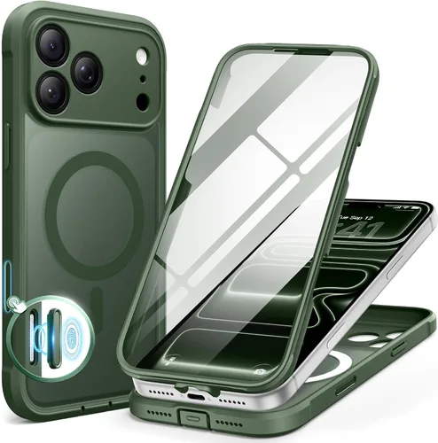 Vista 15 de BERFY Funda para iPhone 17 Pro Max, compatible con MagSafe, protector de pantalla de vidrio integrado, protección de cámara, funda de cuerpo