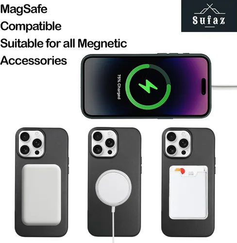 Vista 7 de Funda de piel para iPhone 14 Pro Max compatible con MagSafe, funda de piel de vaca auténtica de grano completo, botones de metal galvanizado, forro