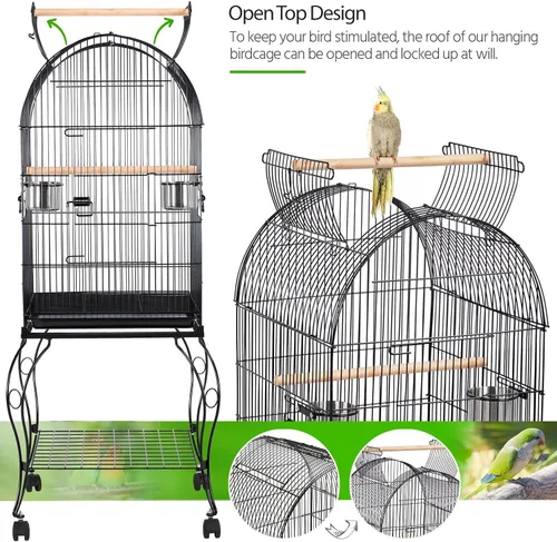 Vista 5 de Yaheetech - Jaula para pájaros de 150 cm, de pie, rodante, de cúpula media, con parte superior abierta, para loros, cacatúas, conuras del sol