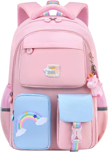 Vista 8 de Mochila escolar de unicornio para niños y niñas, bolsa escolar casual, duradera, ligera, bolsas de viaje, Azul, Unicornio arcoíris
