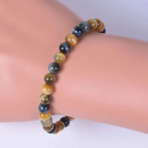 Vista 3 de Justinstones Gem - Pulsera elástica de cuentas redondas de 6 mm de piedras semipreciosas, unisex, 16.5 cm Ojo de tigre azul dorado AA