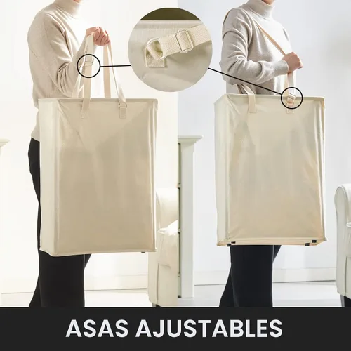 Vista 3 de Cesta de lavandería delgada de 45L con asas largas ajustables y parte superior de malla, color beige