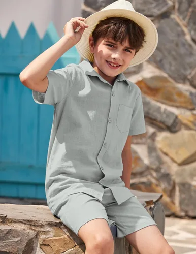 Vista 3 de COOFANDY Conjunto de 2 piezas de lino de manga corta con botones y pantalones cortos para niño