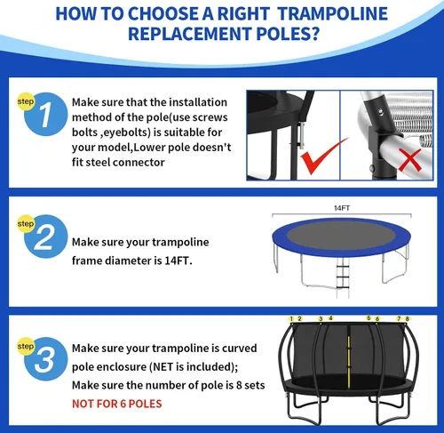 Vista 3 de 8 postes curvos para cama elástica de 14 pies con red de recinto Safety enclosure net and 8 curved poles, plastic T connectors, fiberglass rods