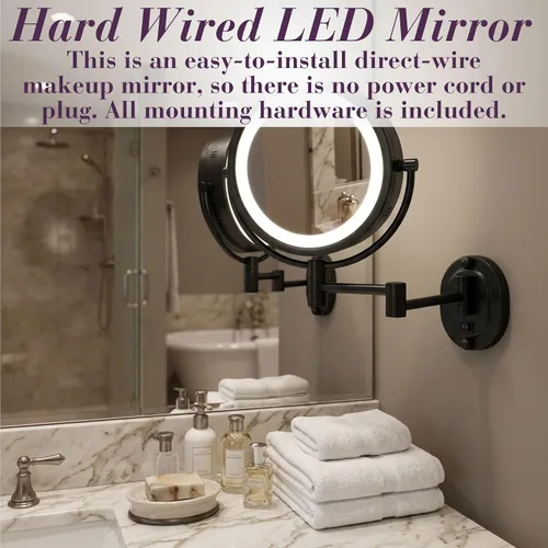 Vista 3 de JERDON Espejo de maquillaje de montaje en pared con cableado - 5X/1X - Negro - HL65BKD 8" de diámetro, brazo de pared de 14", iluminación LED