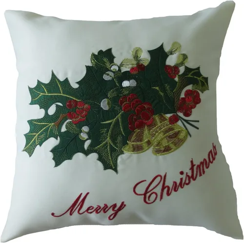Vista 3 de Violet Linen Funda decorativa para cojín con diseño bordado de "Merry Christmas" con árbol de Navidad aplique