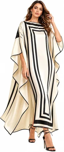 Vista 3 de Modest - Caftán de seda satinada suave para mujer, Kurta, ropa de fiesta en la playa, caftán de seda de lujo, vestido elegante (negro y blanco)