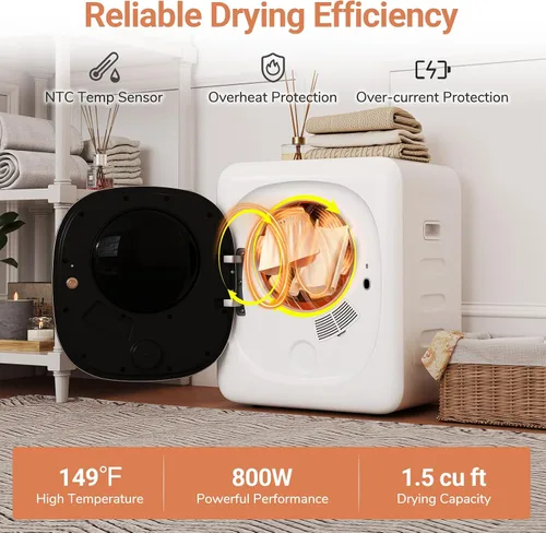 Vista 4 de COSTWAY Secadora portátil de ropa, máquina compacta de secado de 1.5 pies cúbicos con tambor de acero inoxidable y panel táctil LED, secadora