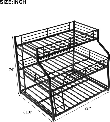 Vista 2 de Flieks Cama triple de metal individual XL sobre matrimonial XL sobre cama Queen con escaleras, litera para familia, adolescentes, no necesita somier