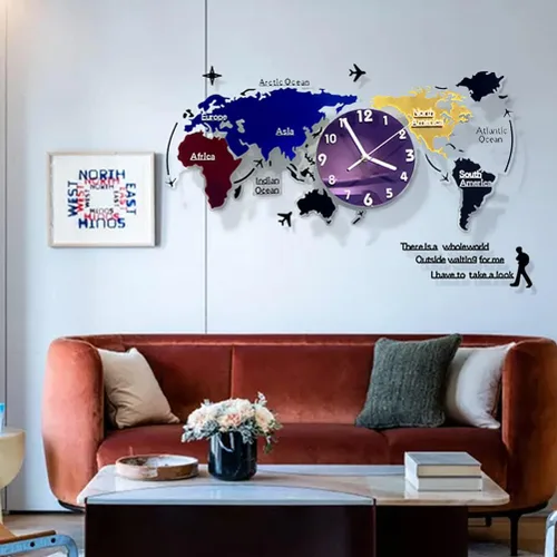 Vista 2 de Wakauto Norse Decor - Reloj de pared de metal grande para colgar en la pared, mapa del mundo, decoración de arte moderno, reloj de pared silencioso