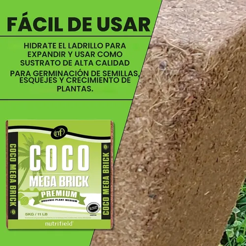 Vista 4 de Coco Coir Mega Ladrillo Orgánico de Fibra de Coco 11 Libras Bloque Comprimido Pre Lavado Buffered RHP Certificado Tierra para Macetas Uso