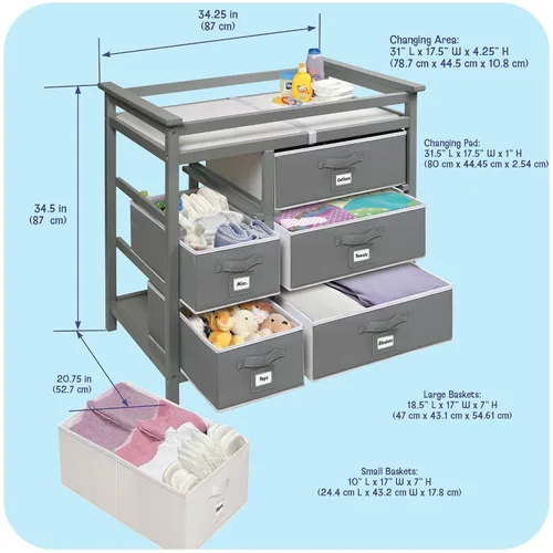 Vista 3 de Badger Basket Cambiador de bebé moderno con 6 cajones de almacenamiento y almohadilla - gris Modern changing table with pad, safety belt, 6