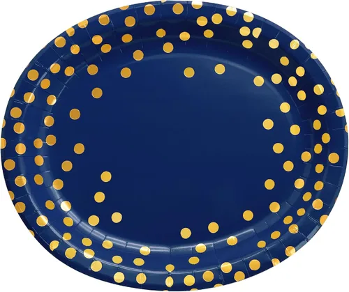 Vista 2 de 30 platos azul marino de 10 x 12 pulgadas, platos ovalados de papel azul y dorado, platos grandes para fiestas patrióticas para jubilaciones del 4