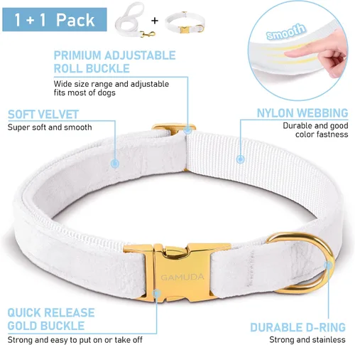 Vista 2 de GAMUDA Collar y correa de terciopelo para perro, súper suave y liso, hebilla dorada resistente, cómodo y fácil de limpiar, collar ajustable