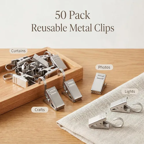 Vista 5 de BIHRTC Paquete de 50 clips para cortina engrosados de acero inoxidable con ganchos, colgador de luces, soporte pequeño de alambre metálico