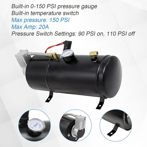 Vista 4 de Kit de bocinas de tren de 150DB con 4 trompetas, súper fuerte con compresor de aire de 150 PSI 12V, tanque compresor de bocina de aire