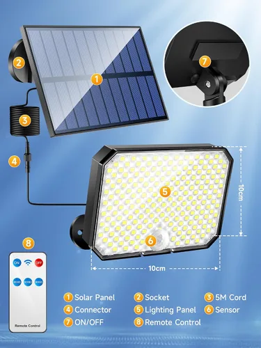 Vista 8 de One Fire Luces solares para exteriores, 190 LED, 1500 lúmenes, 3 modos con sensor de movimiento, control remoto, luces de seguridad solar IP65