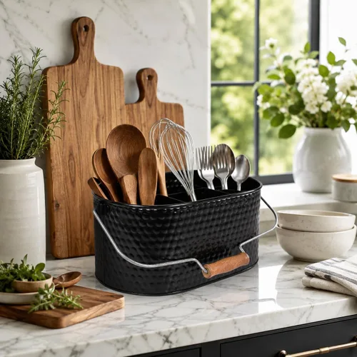 Vista 5 de Bedding Craft Organizador de utensilios galvanizado – Soporte de metal para cocina, picnic y fiestas, organizador rústico para negro, cubiertos