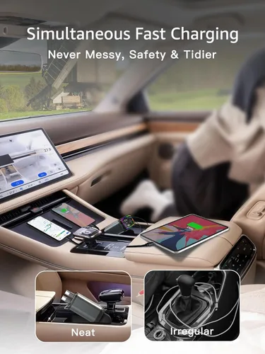 Vista 3 de Cargador de coche retráctil USB C, cargador de coche tipo C de 145 W, carga rápida con cable USB C retráctil dual y puertos USB para iPhone