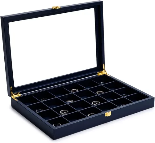 Vista 2 de Oirlv Bandeja de joyería de cuero azul de alta calidad con 24 rejillas con tapa transparente, aretes, anillos, caja organizadora, caja apilable