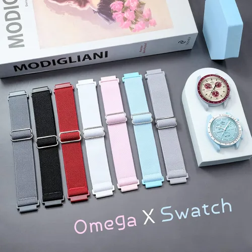Vista 4 de Correa de nailon elástica de 0.787 pulgadas compatible con Omega X Swatch Moonswatch Speedmaster para mujeres y hombres, correa de reloj elástica