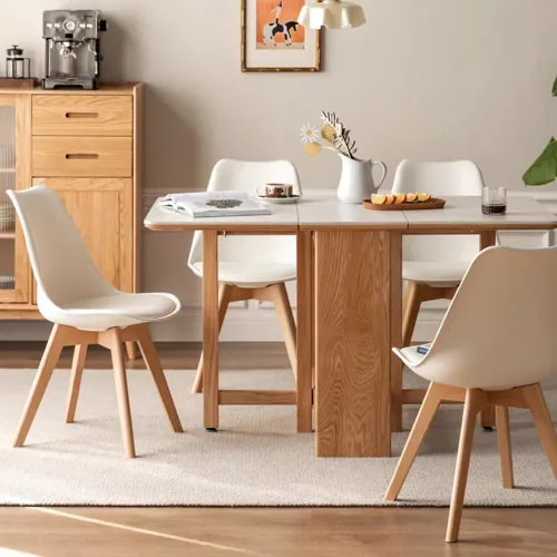 Vista 2 de LSSBOUGHT Sillas de comedor de estilo moderno, silla de plástico Shell Lounge con asiento acolchado suave y patas de madera maciza, juego de 4 Blanco