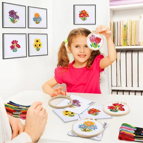 Vista 7 de ZOIIWA 6 piezas de kits de costura de flores con tema de primavera para principiantes, kit de bordado DIY de flores para niños y adultos, kit