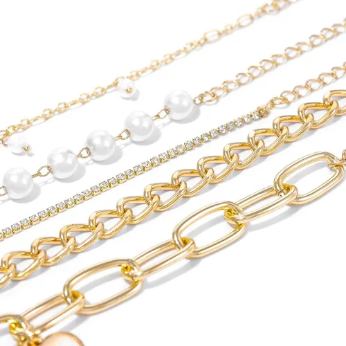 Vista 3 de Zeelina Pulsera de gargantilla de diamantes de imitación con cadena de clip de perlas doradas apilable ajustable conjunto de joyería de moda