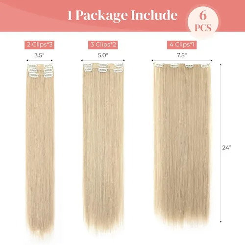 Vista 2 de LONAI 6 extensiones de cabello con clip, 24 pulgadas de largo, lacio, sintético, postizo para mujer, rubio ceniza natural