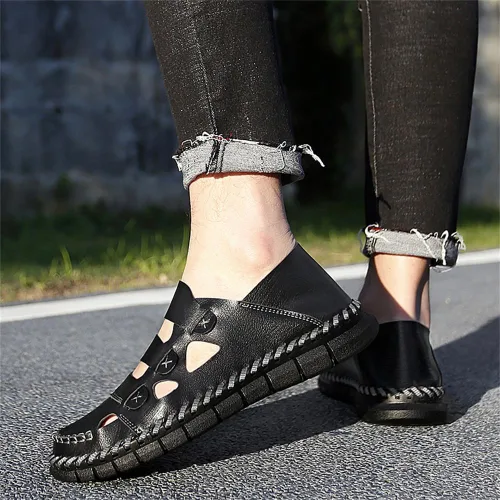 Vista 4 de Sandalias de cuero para hombre, sandalias de senderismo para playa, zapatos cómodos de verano, zapatos de senderismo, deportes al aire libre