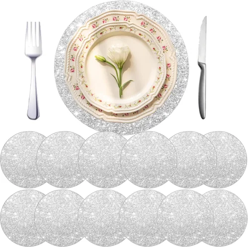 Vista 8 de Juego de 4 manteles individuales negros de cuero brillante con purpurina de 15.4 pulgadas para decoración de fiestas, bodas, día de Acción