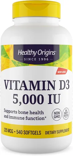 Vista 10 de Healthy Origins Vitamina D3 5,000 UI (sin OMG, alta potencia, apoyo óseo, apoyo inmunológico, sin gluten), 120 cápsulas blandas