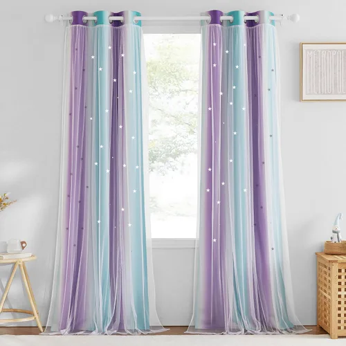 Vista 23 de NICETOWN Cortinas para Dormitorio de Niñas Infantiles con Estrellas Caladas Ventana 2 Capas Cortina 63 Pulgadas de Longitud Oscurecimiento