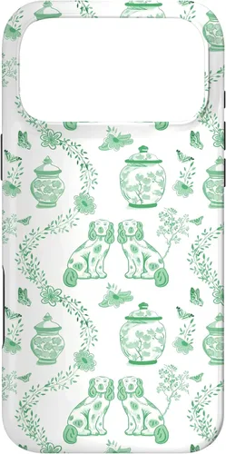 Vista 21 de Funda para iPhone XS Max Preppy Green & White Toile Chinoiserie Dogs and Ginger Jars